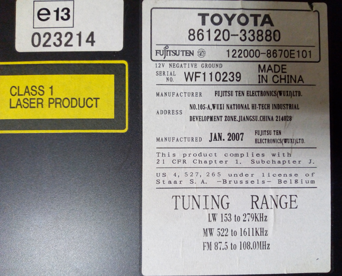 Установка AUX автомагнитола Toyota Camry V40 86120-33880