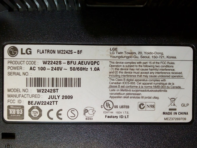 Не работает монитор LG. Ремонт Flatron W2242S