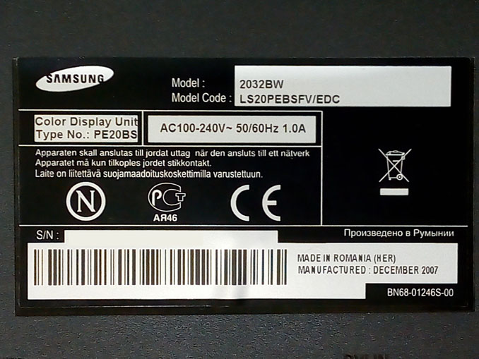 Не включается, черный экран Samsung SyncMaster 2032BW
