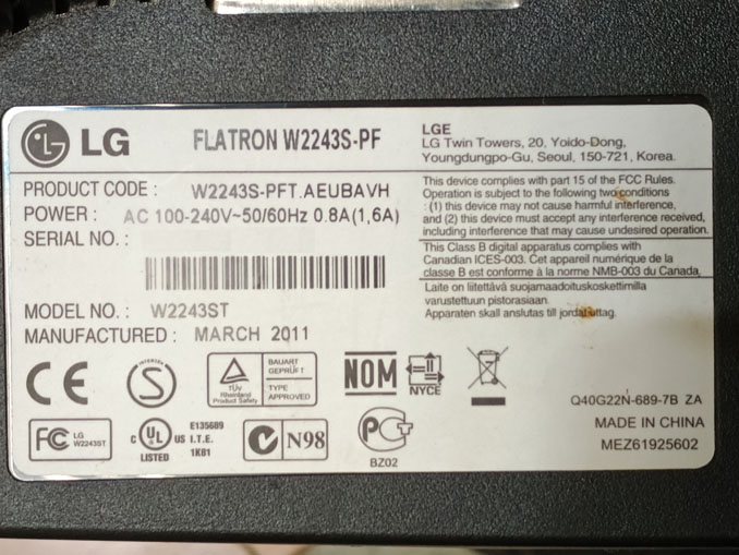 Ремонт LG Flatron W2243S-PF. Монитор не включается